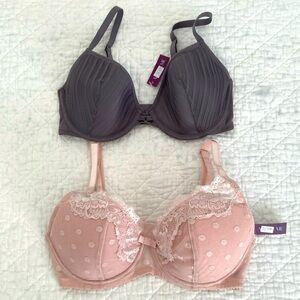 32DD Lace Trimmed Bra Set - Pink and Gray